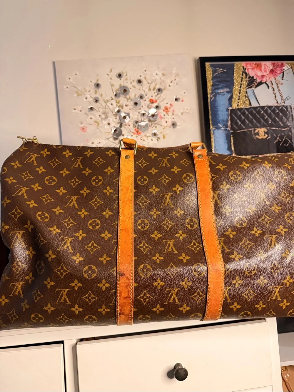 Louis Vuitton Brown Monogram Travel Duffle with Tan Leather Trim